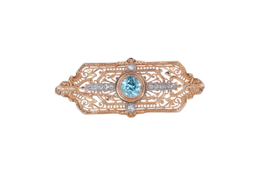 Vintage 14K gold blue zircon and diamond filigree brooch, front view, SKU 3466
