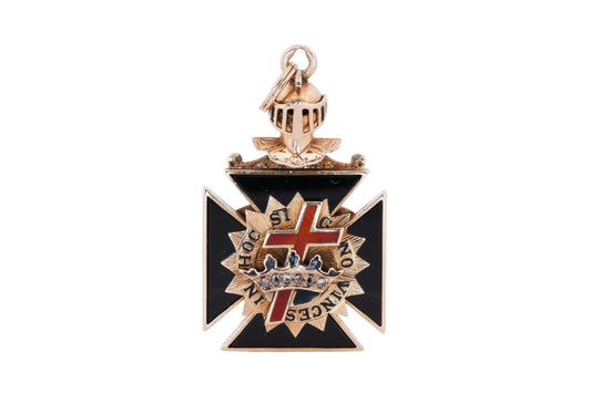 14K gold Masonic Knights Templar watch fob with natural diamond crown and tigerwood cross, front view
