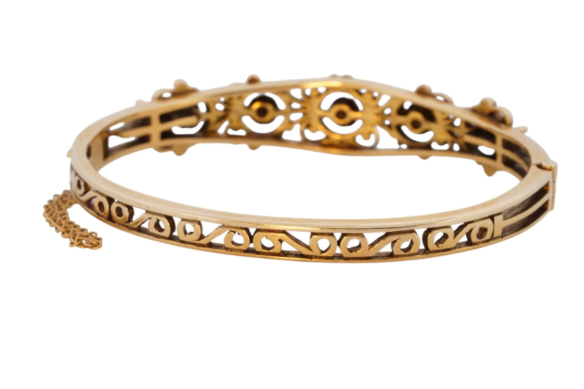 Vintage handmade 14K yellow gold opal bangle bracelet, 360-degree view frame 20 of 36