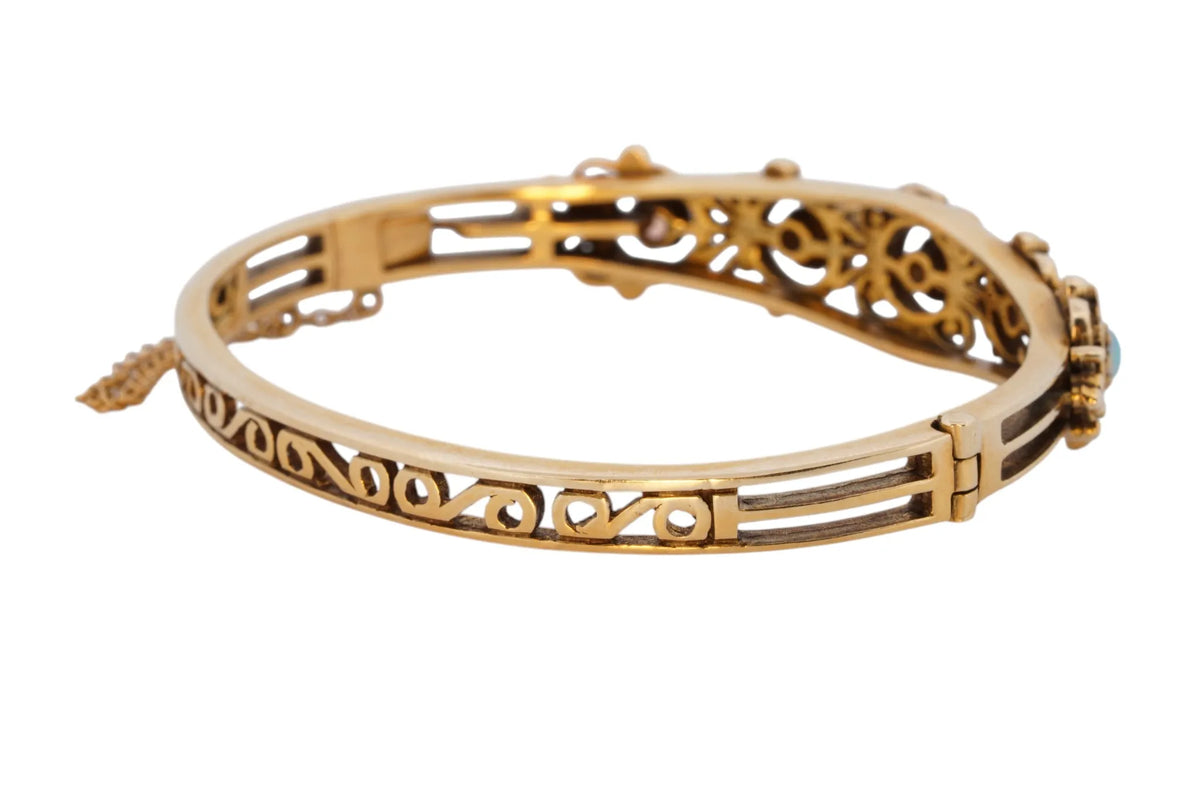 Vintage handmade 14K yellow gold opal bangle bracelet, 360-degree view frame 24 of 36