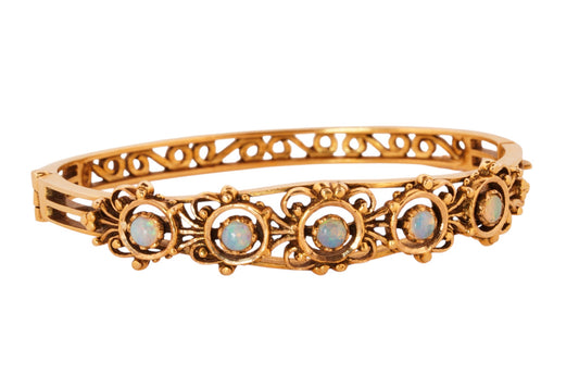 Vintage Handmade 14K Yellow Gold Opal Bangle Bracelet