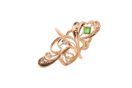 Vintage Handmade 14K Two-Tone Gold Emerald and Diamond Scrollwork Ring — Size 9¼