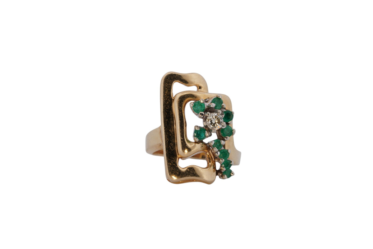 14K yellow gold geometric ring with emeralds and a natural diamond, size 6.5