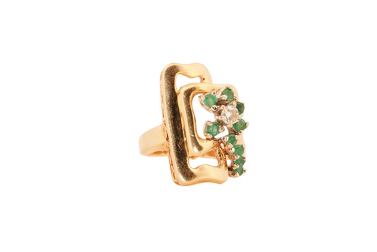 14K Yellow Gold Emerald and Diamond Geometric Ring — Size 6½