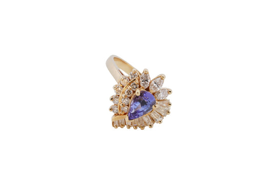 14K yellow gold pear tanzanite ring with natural diamond fan