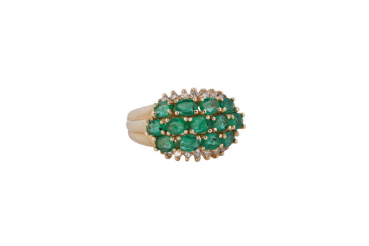 14K yellow gold three-row emerald and diamond ring
