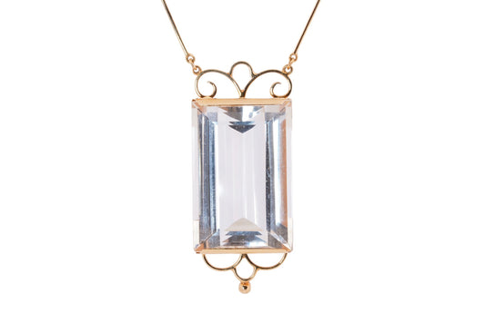 18K gold and rock crystal necklace with permanently attached pendant, main front view, SKU 3474