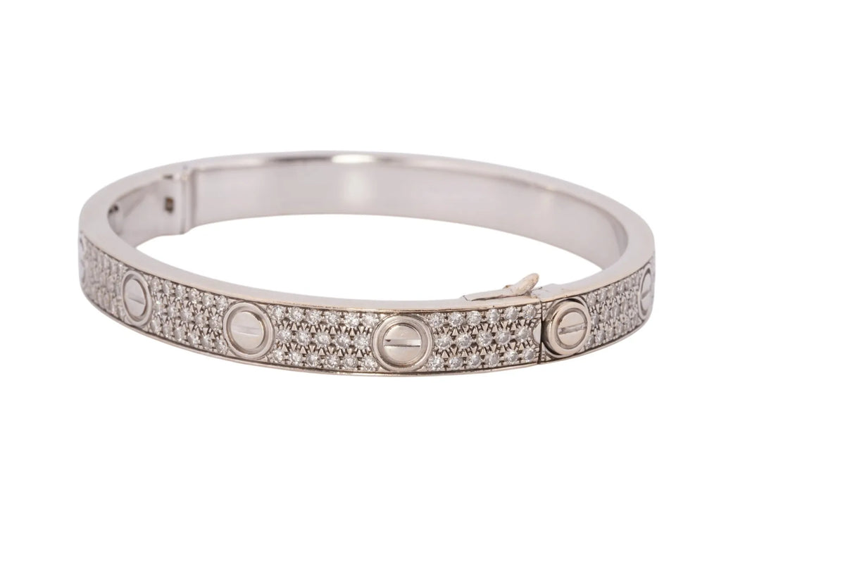 Cartier LOVE Diamond Pavé Bracelet in 18K White Gold — Size 16 — interactive 360° view
