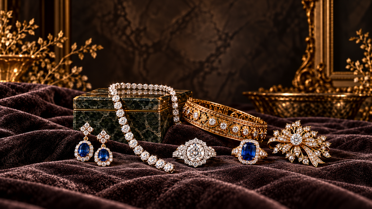 Estate diamond and sapphire jewelry with an engraved gold bracelet on dark velvet, with no pearls